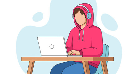 Person using laptop, vector illustration for website or blog.