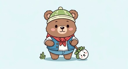 Naklejka premium Cartoon bear with hat scarf vest shorts and a satchel on a stick