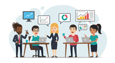 Diverse team collaborating on project, analyzing data charts and graphs - perfect for website landing page or business presentation.