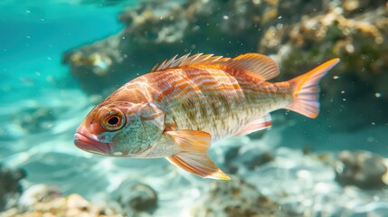 A vibrant coral reef fish swimming gracefully in clear turquoise water near rocky formations underwater