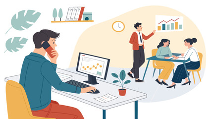 Busy office workers collaborating, perfect for illustrating teamwork and productivity on a company website or brochure.