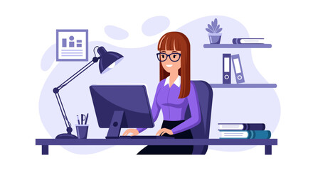 Happy businesswoman working on computer in modern office. Perfect for website landing pages, brochures, and business presentations.