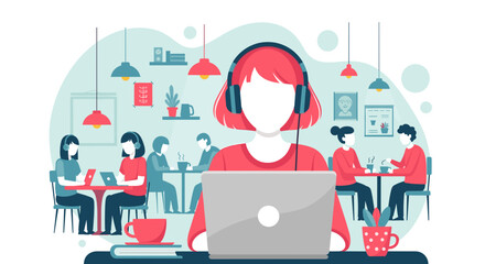 Woman working remotely on laptop in a cafe, perfect for articles about remote work, freelancing, or co-working spaces.