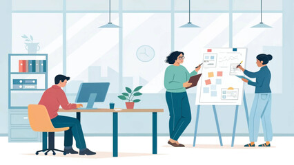Diverse team collaborating on a project in a modern office, perfect for illustrating teamwork and business concepts.