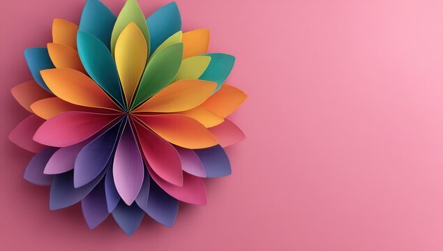 Photo of a multicolored paper in the shape of an abstract flower on a pink background, symbolizing creativity and diversity. Web banner with copy space on the right side. - Powered by Adobe