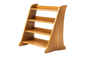 Wooden ladder shelf unit with four shelves isolated on transparent background
