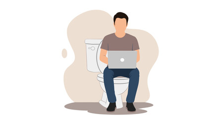 Man working on laptop while sitting on toilet - Illustration for articles about work-life balance, remote work challenges, or humor.
