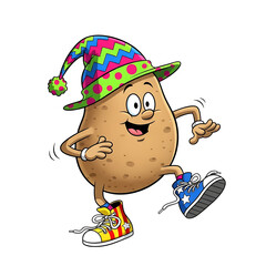 Cartoon potato character dancing in fun hat and sneakers isolated on transparent background
