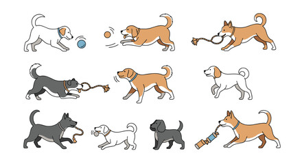 Obraz premium A playful collection of dogs enjoying outdoor activities with their toys demonstrating canine companionship and fun