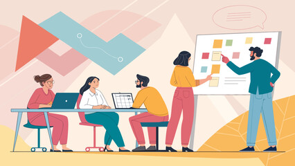 Teamwork and Collaboration: Diverse team brainstorming and planning using sticky notes on whiteboard. Perfect for website landing pages, presentations, and brochures.