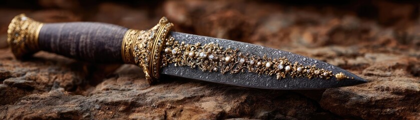 Ceremonial dagger in relic sheath concept. An ornate dagger with a detailed handle rests on a rocky surface.