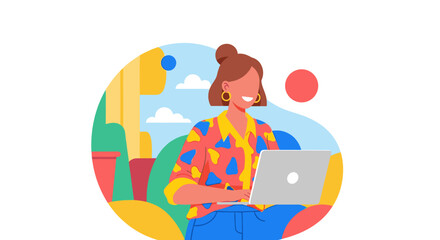 Happy woman working on laptop outdoors, perfect for website banners or blog illustrations.