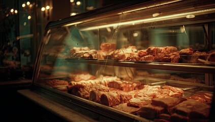 Evening bakery display case, pastries, warm lighting, city cafe