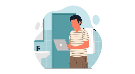 Man working on laptop in bathroom, perfect for illustrating remote work or flexible lifestyle articles.