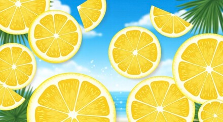 Obraz premium Lemon slices whole and halved arranged against a backdrop of sky ocean and palm fronds