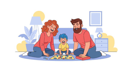 Happy family playing board game together at home. Perfect for family blog, website, or parenting magazine.