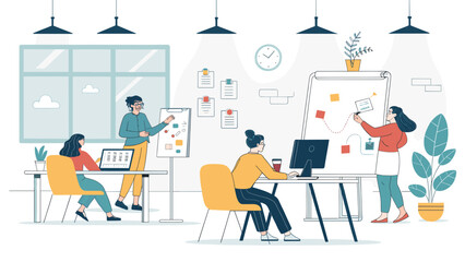 Teamwork in a modern office: Illustration of colleagues collaborating on projects, perfect for business presentations or website landing pages.