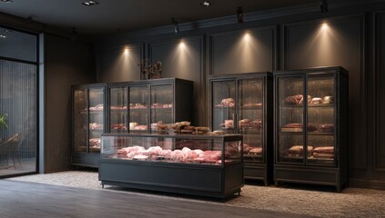 A modern butcher shop with display cases showcasing various raw meat cuts under spotlights