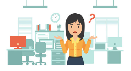 Confused businesswoman in office, perfect for websites, presentations, or articles about workplace stress or uncertainty.