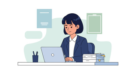 Businesswoman working on laptop, perfect for website banners, brochures, and marketing materials.