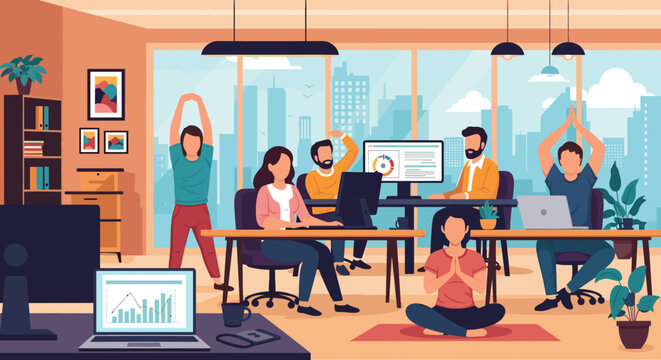 Modern office workers taking a break to stretch and meditate, perfect for illustrating work-life balance or wellbeing initiatives.