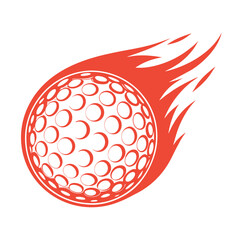 Red golf ball with flames in graphic style on white background fire