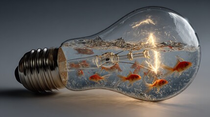 Light bulb filled with water and fish surreal fantasy soft glowing contrast artistic lighting