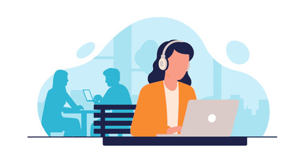 Woman working on laptop with headphones in a modern office, perfect for business websites and presentations.