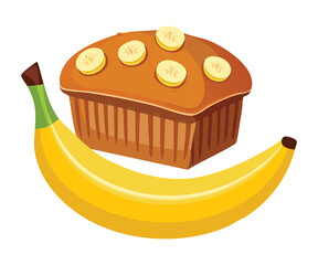 Banana Muffin with Sliced Fruit and Leaves - Vector Illustration