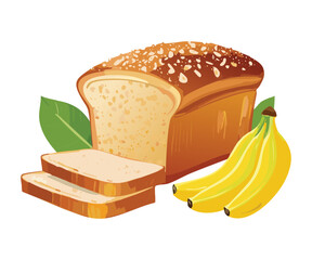 Sliced Banana Bread Loaf with Fresh Bananas - Vector Illustration
