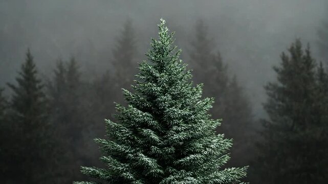Lonely pine tree growing on a rock in a misty forest