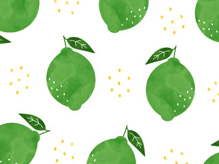 水彩で描いた葉っぱ付きライムの背景イラスト  /  Fresh Lime Watercolor Pattern Background