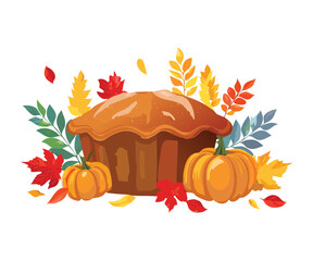 Autumn Pumpkin Muffin with Harvest Leaves - Vector Illustration