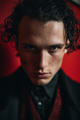 Obraz premium Intense gaze of a young man with curly hair and piercing blue eyes in a dramatic portrait against a bold red background, showcasing his confident expression and sharp features