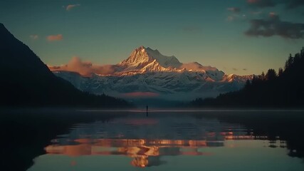 Snowy mountain range reflected in calm lake at dawn - Powered by Adobe