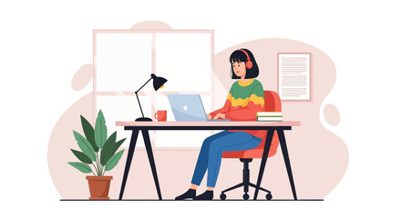 Young woman working from home on laptop, perfect for blog posts about remote work or productivity.