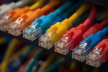 Colorful Network Cables Close-Up – Vibrant Tech Wiring with Detailed Connectors on Dark Background"