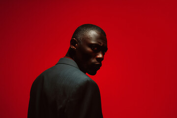 Obraz premium Portrait of a man with deep skin tone in a black suit against a striking red backdrop, creating a dramatic contrast and intense ambiance