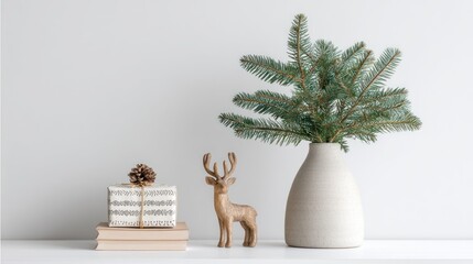 Minimalist Christmas decor with a gift, figurine, and vase