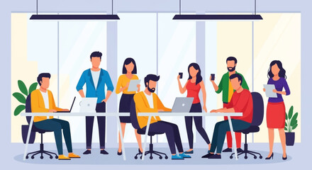 Diverse team collaborating in modern office, perfect for website landing pages or company brochures.