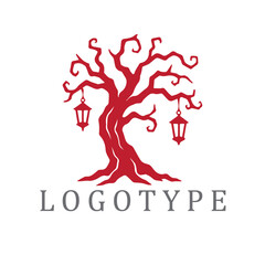 A creepy, twisted tree with dangling lanterns in a dark fairytale style. Silhouetted in red and white, it evokes mystery and eerie charm.