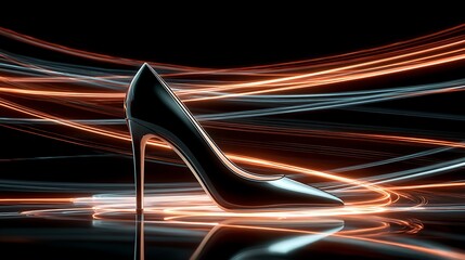 Elegant Black High-Heel Shoe; Abstract Light Trails Background