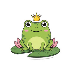 Cute cartoon frog with crown on lily pad isolated on transparent background