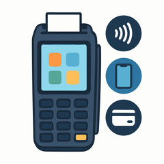 Modern payment terminal with contactless technology and credit card icons on screen