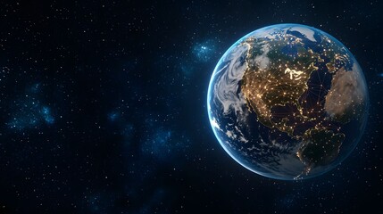 Fototapeta premium An image shows the Earth in space, its surface illuminated, with city lights visible and a beautiful view of cloud formations, set against a backdrop of starry skies.