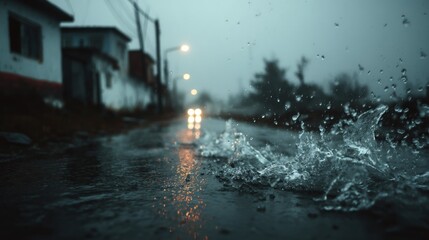 Melancholic rainy day scene featuring a road with water splashes and vehicle headlights