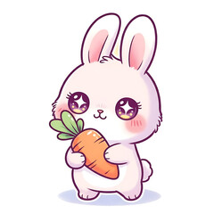 Cute kawaii bunny holding a carrot isolated on transparent background