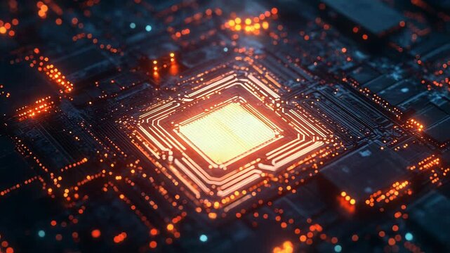 Cpu processing data on motherboard with orange lights