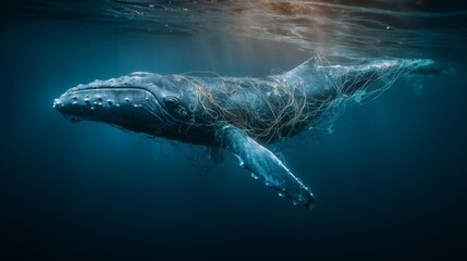 Majestic Whale Entangled in Debris Beneath Clear Ocean Waters
