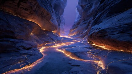 Glowing Lava River in Mystical Canyon at Dusk